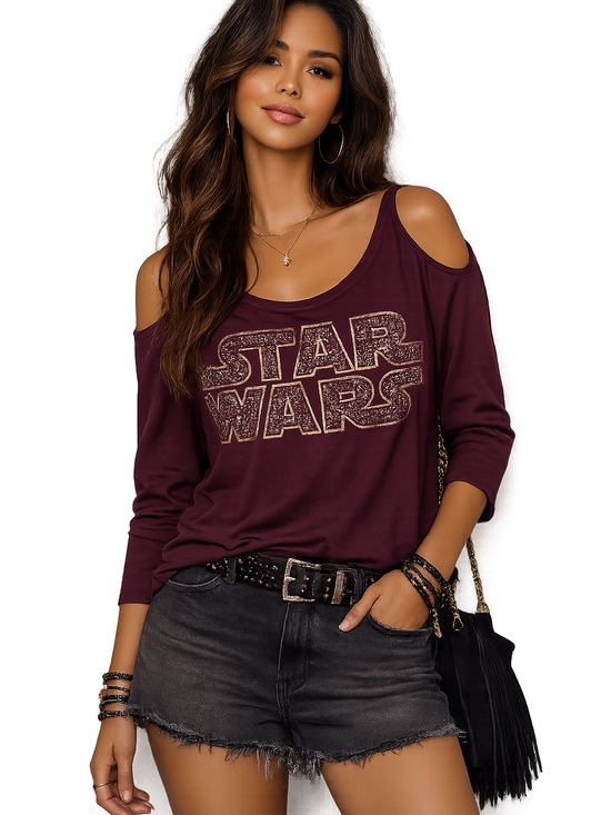 Rock & Republic Tops - Rock & Republic x Star Wars Rhinestone Cold Shoulder Top Large Burgundy Y2K *